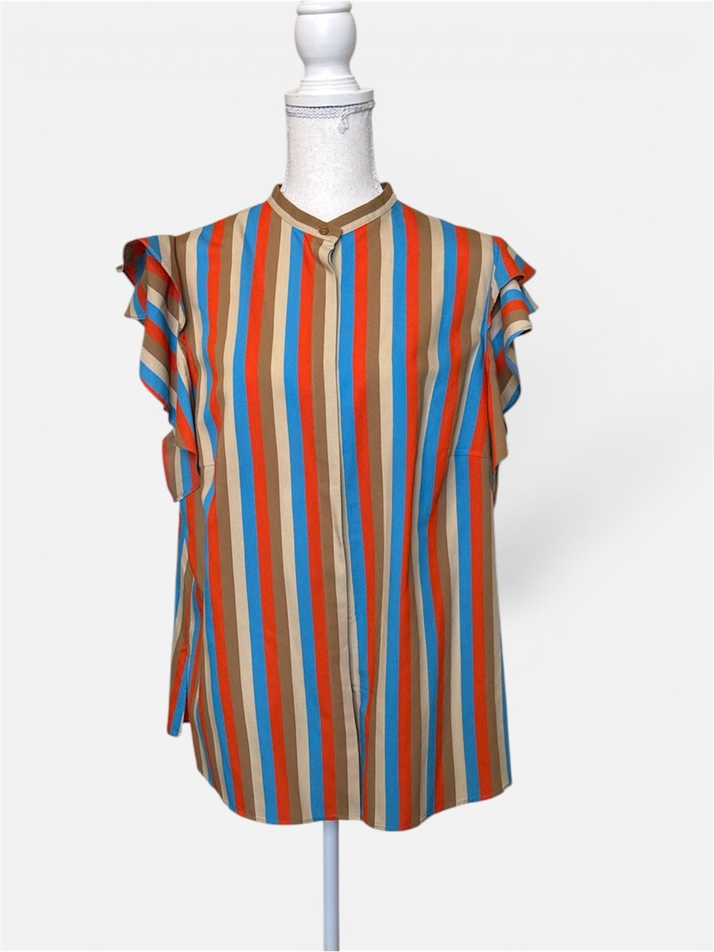 Akris Punto Multicolor Vertical Stripe Ruffle Sleeve Blouse